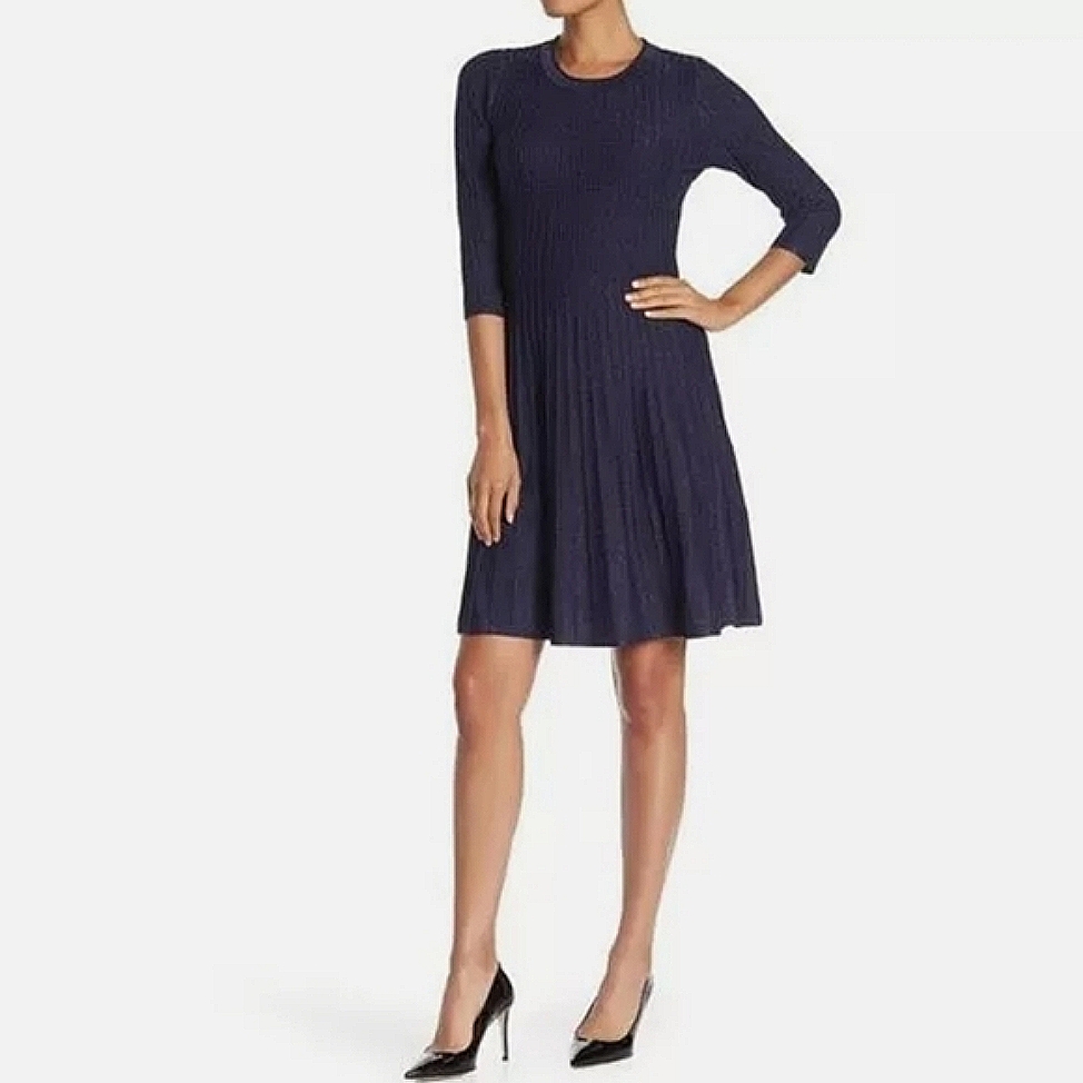 Nanette Lepore Navy Fit & Flare Pleated Skirt W/Short Sleeves Spring Dress, Xs
